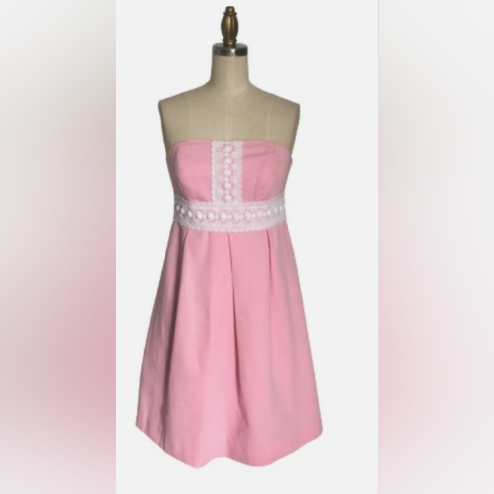 Lilly Pulitzer Betsey Strapless Pink Pleated White Lace Accent A-Line Dress 10